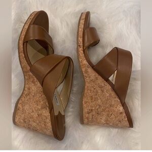 Jimmy Choo Tan Leather Wedge Sandals
